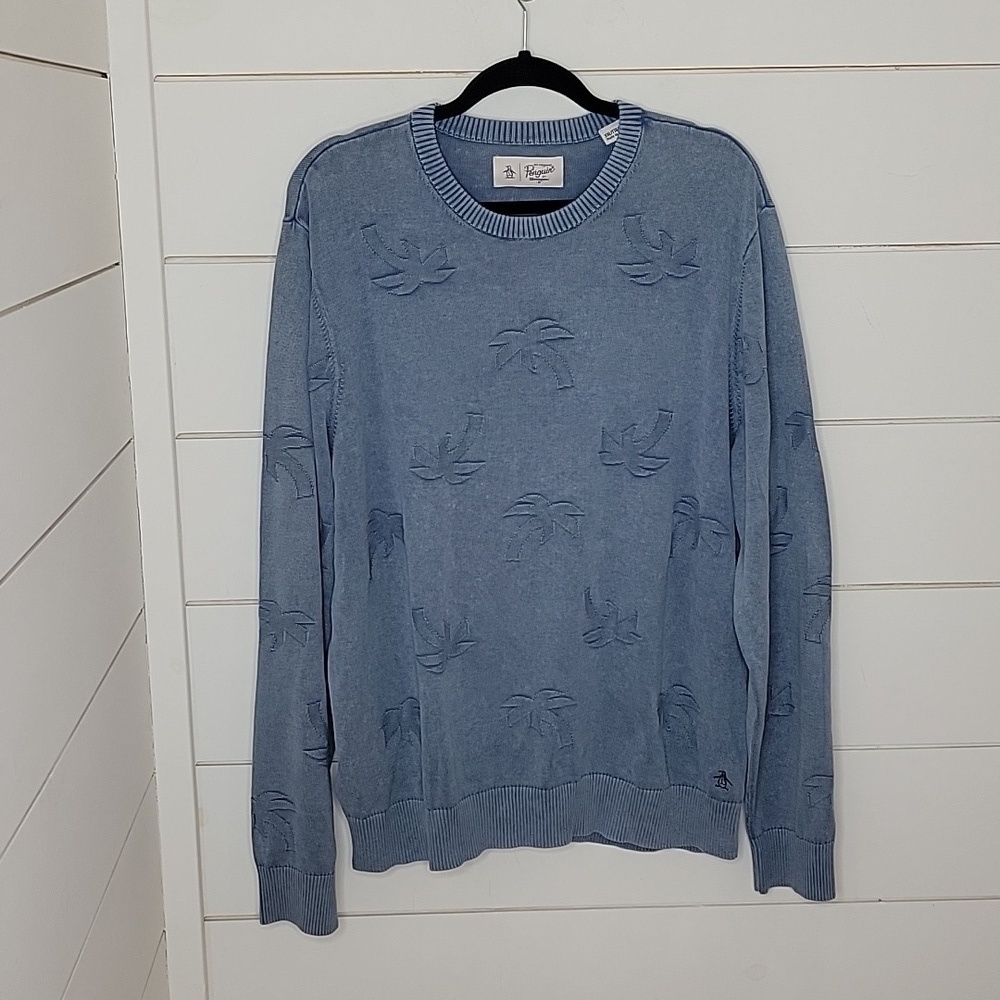 NWOT PENGUIN by munsingwear xxl blue sweater with palm trees 100% cotton